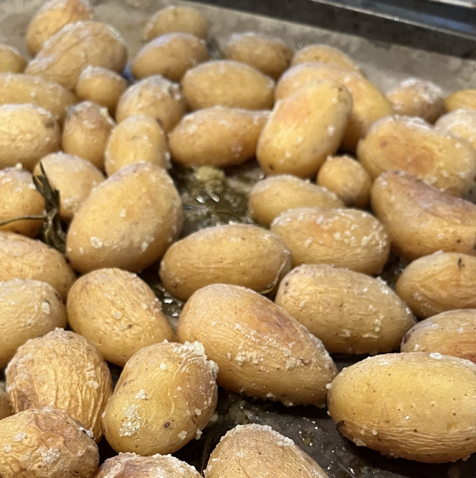 Kleine Kartoffeln mit Rosmarin und Meersalz auf einem Backblech